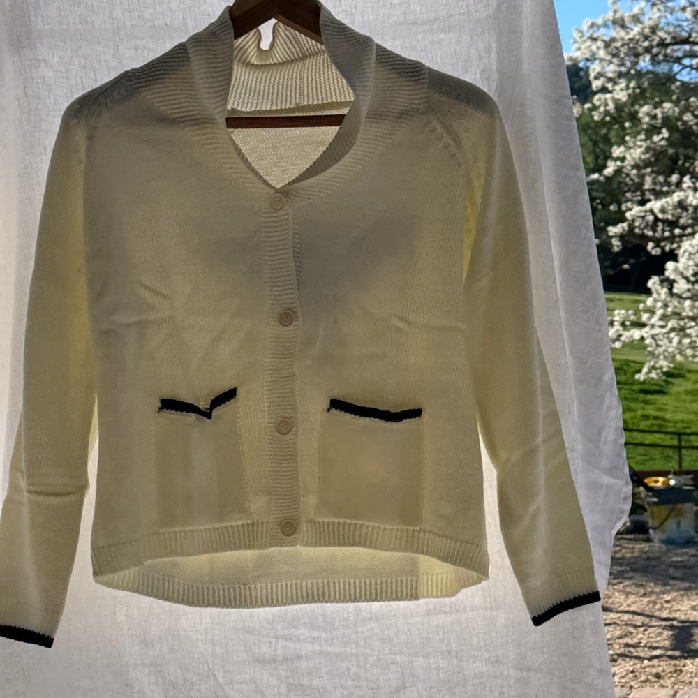 Cream Button-Front Knit Cardigan Sweater with Contrast Trim